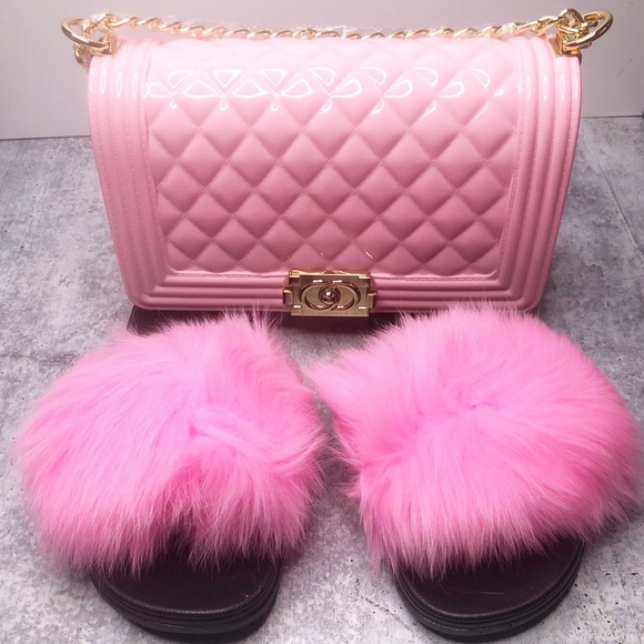 Shoes - Matching Jelly Purse Bag Faux Fur Slides Slippers